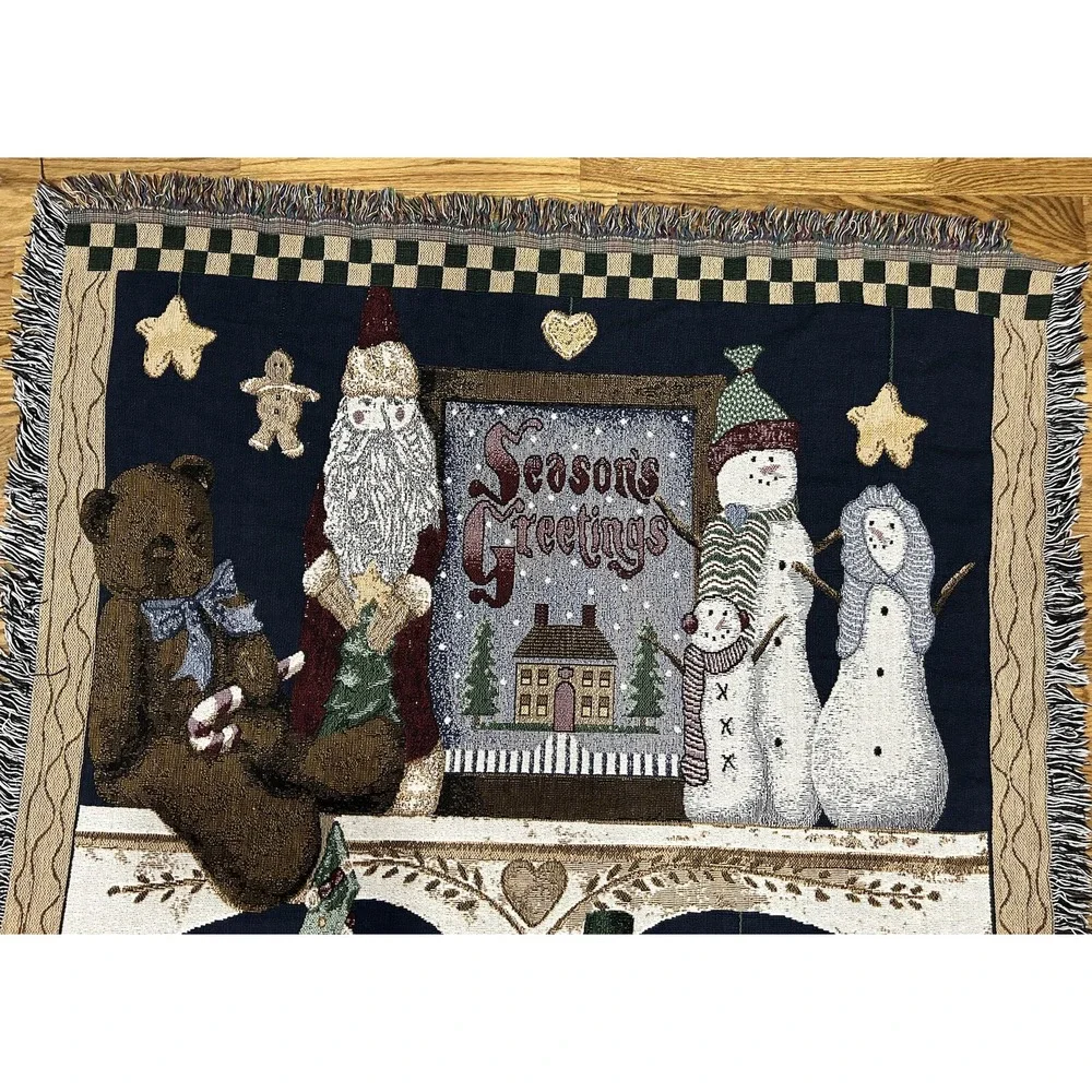 Seasons Greetings Santa & Snowmen Christmas Tapestry Afghan Throw‎ Blanket 50x65